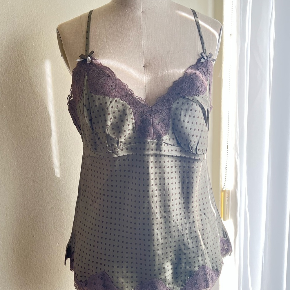 NEW Gold Hawk 100% Silk Camisole Olive  / Mocha Polka Dot